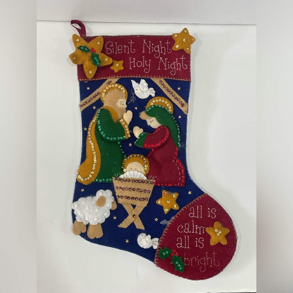 Bucilla 18” Felt Christmas Stocking “Silent Night” 85173 Nativity Completed